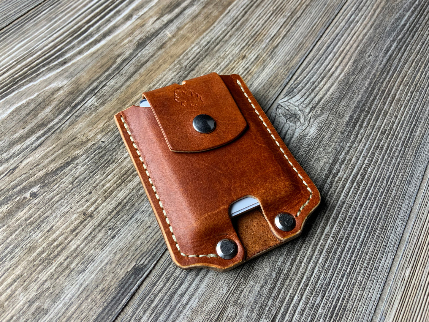 Oak Leaf Leather minimalist wallet, card holder with money clip